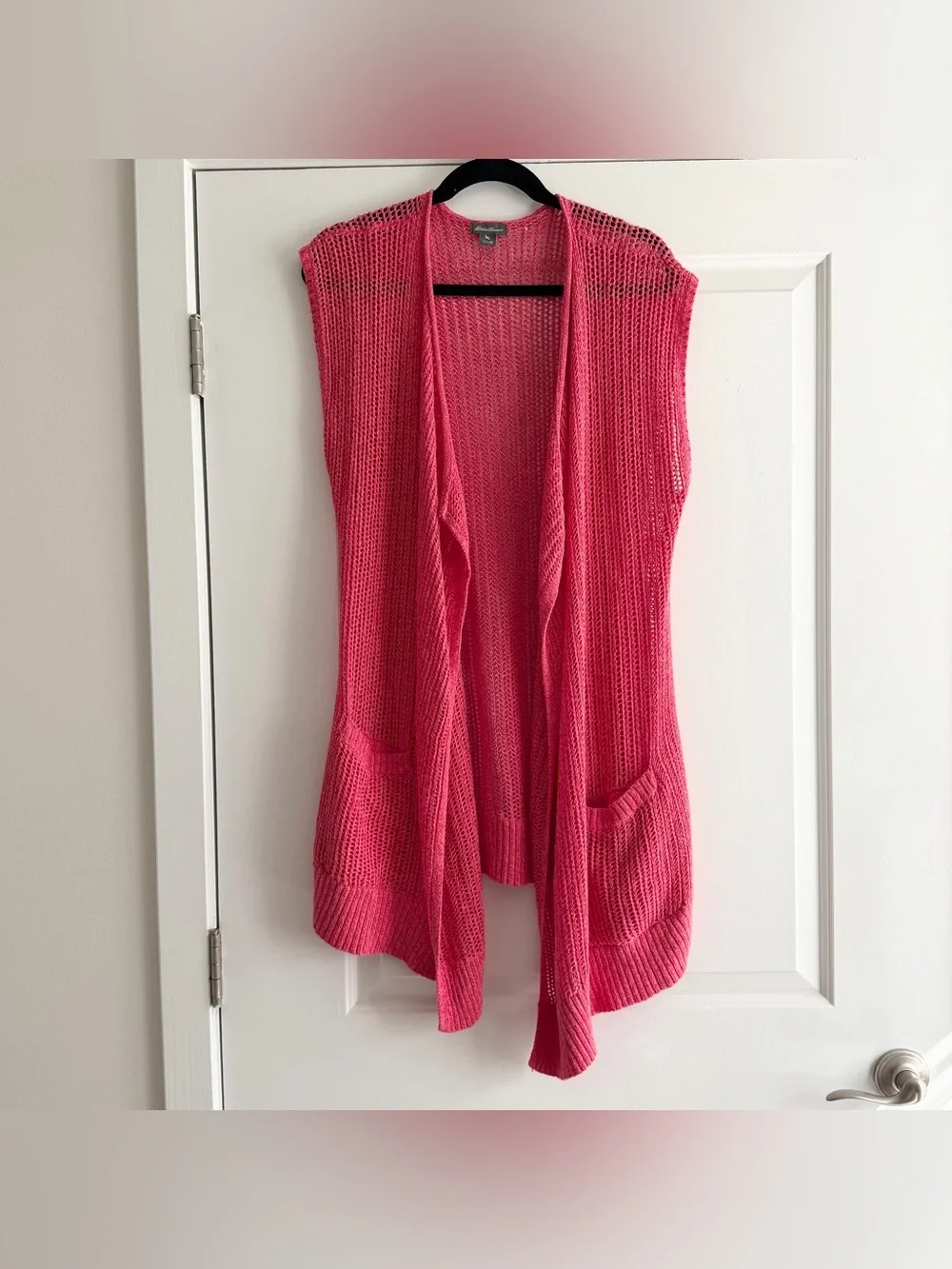 Eddie Bauer Open Knit Pink Linen Cotton Blend Sleeveless Cardigan